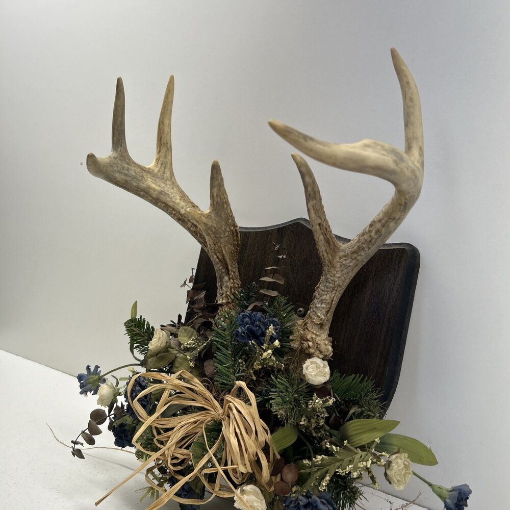 Vintage Floral Deer Antlers Trophy Mount Plaque 8 Point Cabin Decor Rustic - Picture 5 of 7